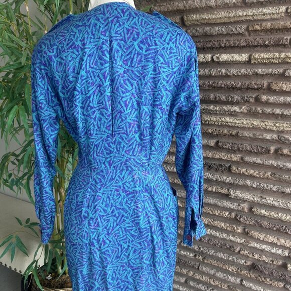 St. Gillian Vintage 80s Blue Purple Print 100% Silk Military Shirt Dress Size 6 - Picture 7 of 10